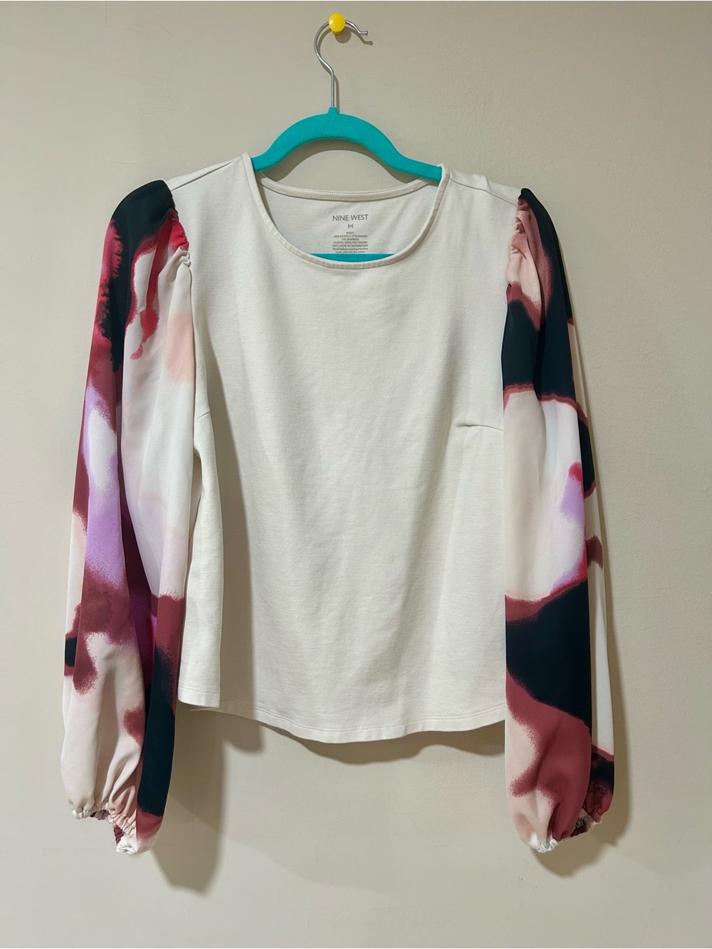 Nine West White Top with Pink & Black Printed Flowy Sleeves